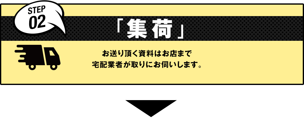 STEP02「集荷」お送り頂く資料はお店まで宅配業者が取りにお伺いします。
